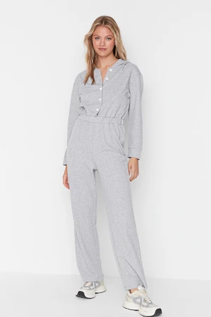 Trendyol Gray Hoodie with Button Detailed Wide Fit Knitted Overalls