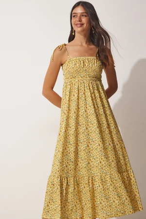 Happiness İstanbul Women's Yellow Floral Halter Knitted Summer Dress