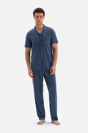 Dagi Navy Blue Shirt Collar Printed Pajamas Set