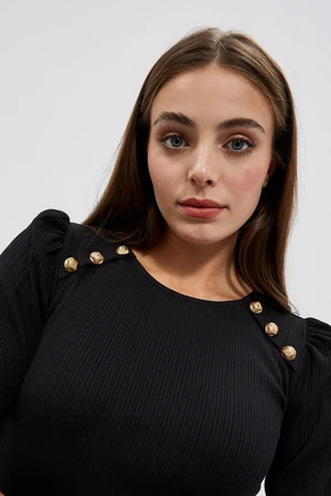 Ribbed knitted blouse with puffed sleeves - black