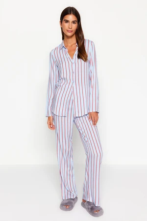 Trendyol Blue Striped Slit Detailed Shirt-Pants Woven Pajamas Set