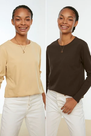 Trendyol Brown-Beige 100% Cotton 2-Pack Basic Crew Neck Knitted T-Shirt