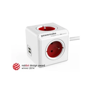 Kábel predlžovací Powercube Extended USB, 4x zásuvka, 2x USB, 1,5m biely/červený rozbočovač • 4 výstupy • 2× USB • uzemnenie • detská poistka • montáž