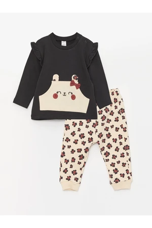 LC Waikiki Crew Neck Long Sleeve Printed Baby Girl's Sweatshirt and Pants 2-Pair Set