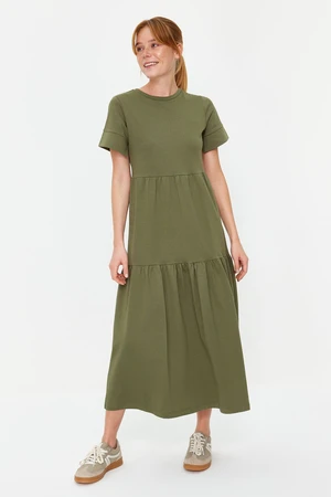 Trendyol Khaki Gathered Short Sleeve Knitted Maxi Dress