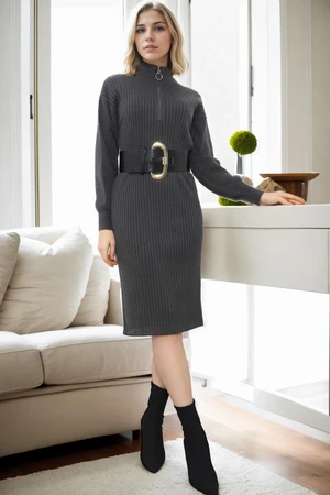 92522 Dewberry Long Knit Women Dress (Belt Not Included)-ANTHRACITE