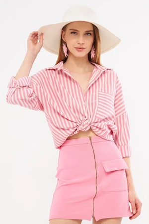 armonika Women's Fuchsia Striped Long Sleeve Pocket Detailed Pleated Oversize Shirt