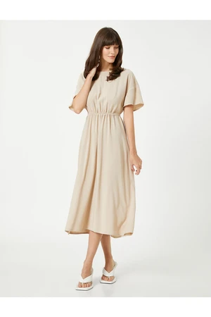 Koton Midi Length Dress with Short Sleeves, Gathering Waist, Linen-Mixed