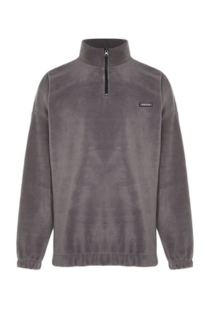 Trendyol Anthracite Men's Oversize/Wide Fit Sweatshirt with a Zipper Stand-Up Collar Thick Fleece/Plush with Labels.