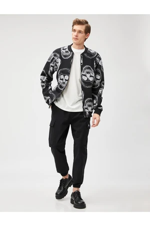 Koton Bomber Jacket with Skull Print Zipper Pocket Detailed