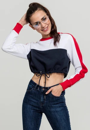 Ladies Cropped 3-Tone Stripe Crew Nautical/White/Fiery Red