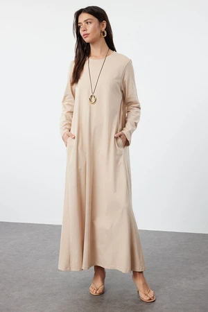 Trendyol Beige Oversize Knitted Pocket Detailed Cotton Jersey Dress