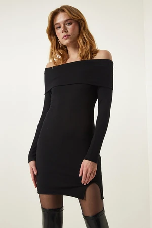 Happiness İstanbul Black Madonna Collar Ribbed Knitted Dress