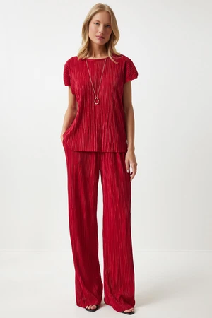 Happiness İstanbul Women's Red Pleated Casual Blouse Trousers Set