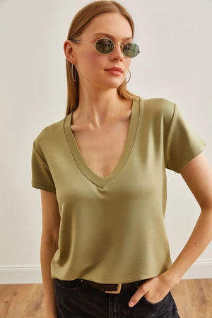 Olalook Women's Khaki Deep V Neck Modal Button T-Shirt