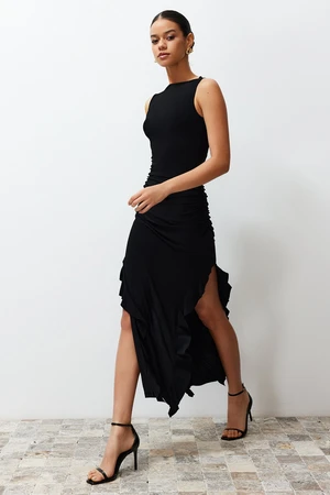 Trendyol Black Bodycone Zero Sleeve Slit Ruffle Detailed Flexible Thick Sandy Maxi Pencil Dress