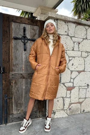 Trend Alaçatı Stili Women's Tan Hooded Lined Double Pocket Long Quilted Coat