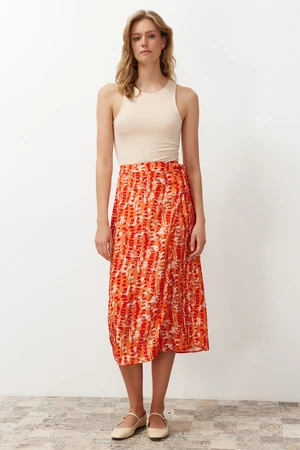 Trendyol Orange Floral Patterned Viscose Fabric Midi Woven Skirt