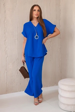 Set with necklace blouse + trousers cornflower blue