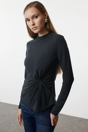 Trendyol Anthracite 100% Modal Content Gathering Detailed Crew Neck Asymmetrical Knitted Blouse