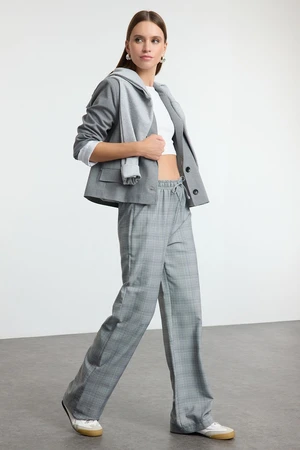 Trendyol Grey Plaid Elastic Waist Wide Leg/Wide Leg Woven Trousers