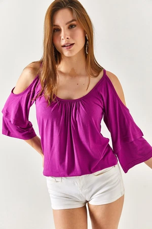 Olalook Women's Purple Ruffled Sleeves, Decollete Flowy Blouse