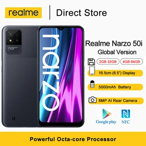 Global Version Realme Narzo 50i NFC Smartphones 2GB/4GB RAM 6.5" HD+ 5000mAh Octa-core Processor 8MP AI Rear Camera Cellphones