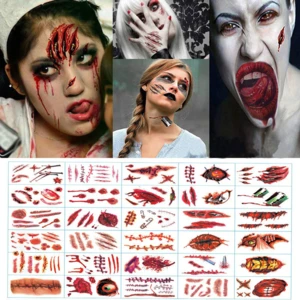 Halloween Zombie Scars Tattoos with Fake Scab Bloody Makeup Halloween Party Supplies Decoration Wound Scary Blood Injury Sticker