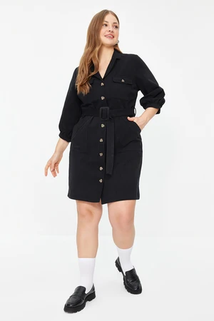 Trendyol Curve Black Cotton Mini/Short Length Pocket Buttoned Belted Gabardine Woven Plus Size Dress