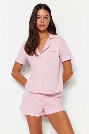 Trendyol Světle Růžové 100% Bavlněné Pyžamo s Výšivkou Medvídka - Košile a Kraťasy
