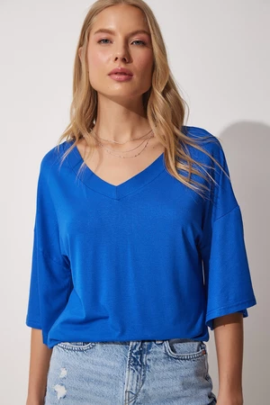 Happiness İstanbul Women's Blue V-Neck Viscose T-Shirts