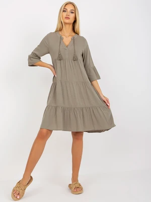 Khaki viscose dress with frills and V-neck