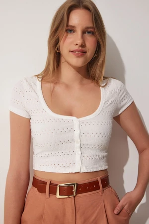 Happiness İstanbul Women's White U-Neck Openwork Crop Knitted Blouse