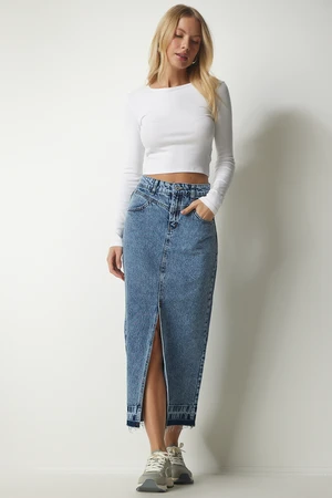 Happiness İstanbul Women's Ice Blue Slit and Tasseled Denim Skirt