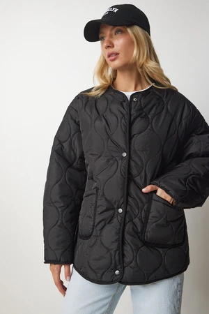 Happiness İstanbul Women's Black Oversized Quilted Coat with Pocket