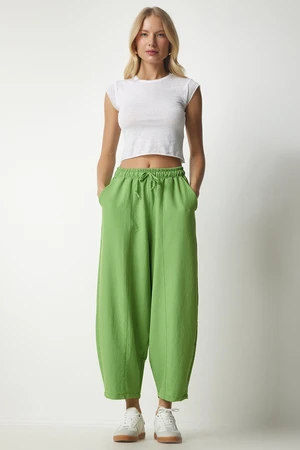 Happiness İstanbul Women's Peanut Green Linen Viscose Baggy Pants with Pocket