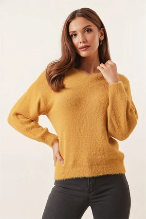 By Saygı Front Back V Bearded Lycra Sweater Mustard