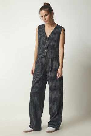 Happiness İstanbul Women's Dark Gray Striped Cachet Vest Pants Suit