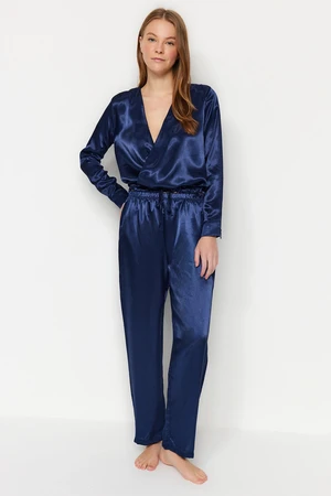 Trendyol Navy Blue Double Breasted Collar Waist Detail Satin Woven Pajamas Set