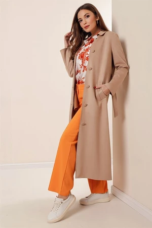 By Saygı Beige Lycra Suede Coat with Side Pockets and Belted Waist.