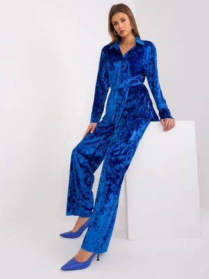 Cobalt blue velvet set with button-down shirt