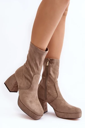 Women's ankle boots with chunky heels and platform, dark beige Adelles