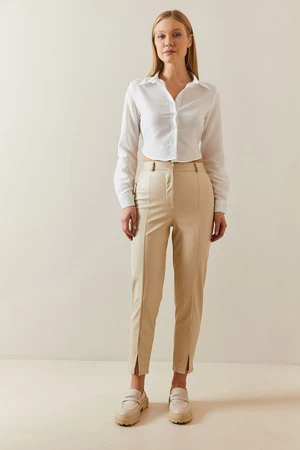 XHAN Cream Leg Slit Leather Look Trousers