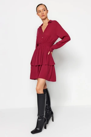 Trendyol Burgundy Waist Opening Mini Gimped Flounce Woven Woven Dress