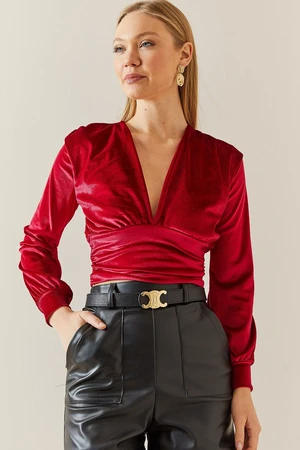 XHAN Claret Red V-Neck Draped Velvet Crop Blouse