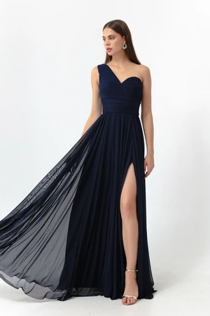 Lafaba Women's Navy Blue One Shoulder Slit Long Evening Dress