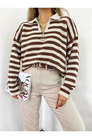 51782 Dewberry Polo Neck Striped Long Sleeve Sweater-COFFEE