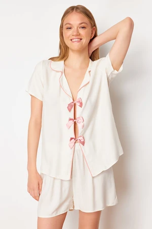 Trendyol Ecru Ribbon/Bow and Piping Detailed Viscose Woven Pajama Set