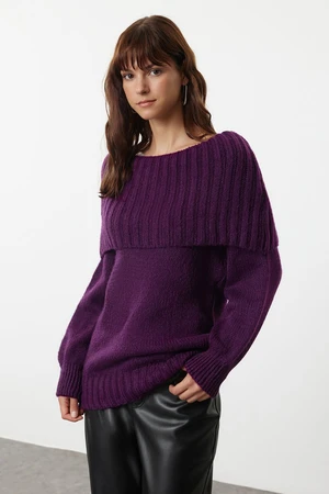 Trendyol Plum Wide Pattern Soft Texture Cowl Collar Knitwear Sweater