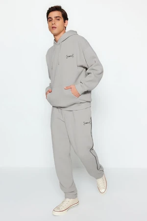 Trendyol Grey Oversize/Wide Cut Hooded Embroidered Warm Sweatshirt Tracksuit